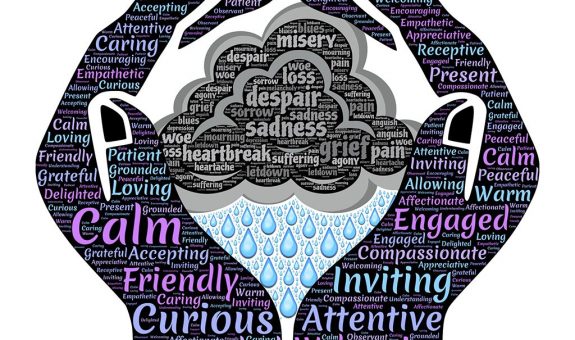 A graphic of hands holding a rain cloud. The hands have happy emotions written on then, and the cloud has sad emotions.